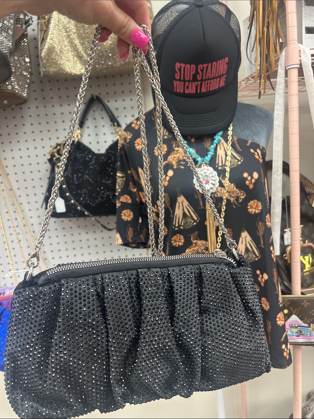 Black Rhinestone Chain Handle Shoulder Bag